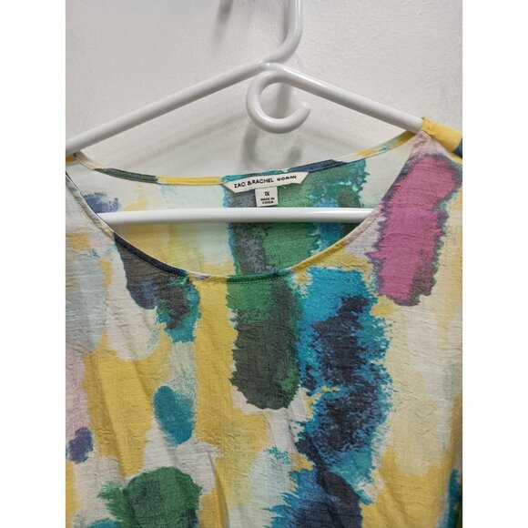 Zac & RAchel Womens Wearable Art Top Size 1X Multi Abstract Ruffle Short Sleeve - Picture 4 of 9
